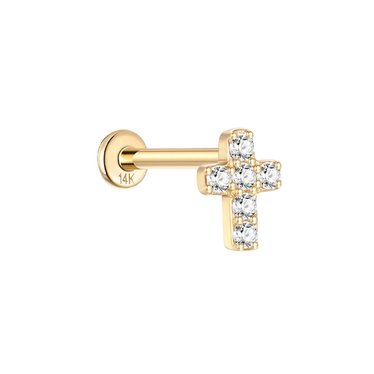 14K Solid Gold · Crystal Cross Stud