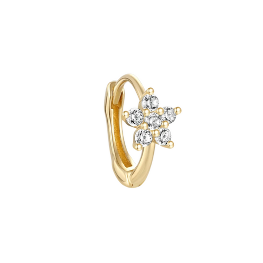 14K Solid Gold · Crystal Flower Huggie Hoop